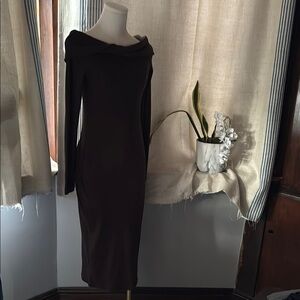 Brown Ribbed Off-Shoulder Cocktail Dress